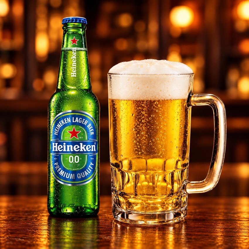 Heineken 0 junto a vaso de shop sin alcohol
