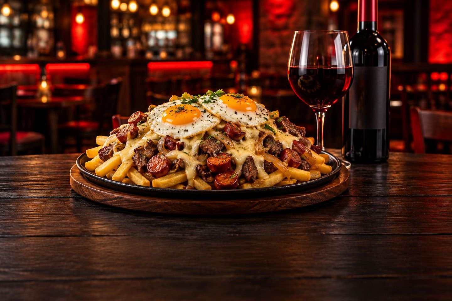 Chorrillana con copa de vino tinto